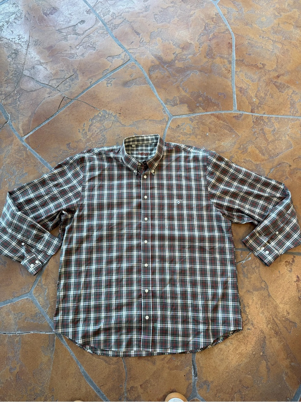 Barbour Woven Plaid Button-Up Shirt Brown Gray Red Long Sleeve Men's Size XL
